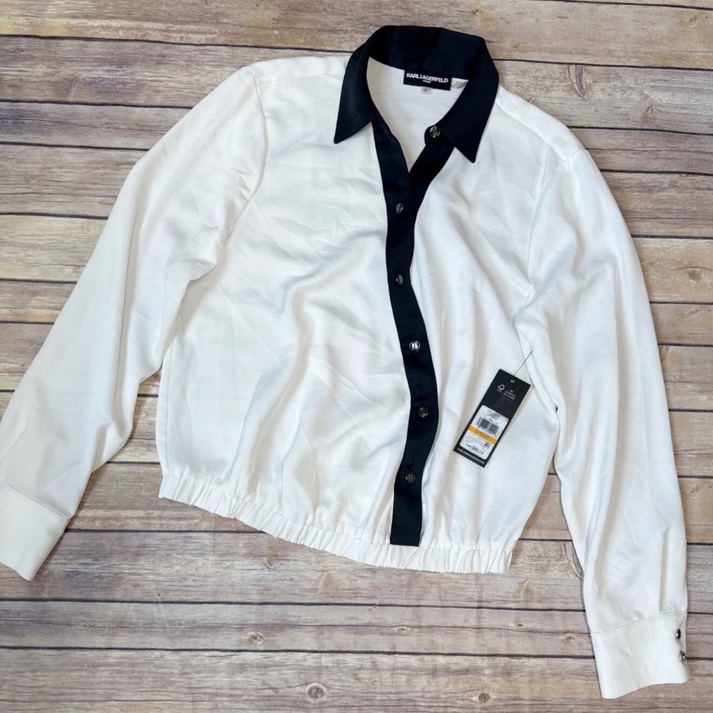 KARL LAGERFELD PARIS Women's Long-Sleeve Crossover-Button Top Size S